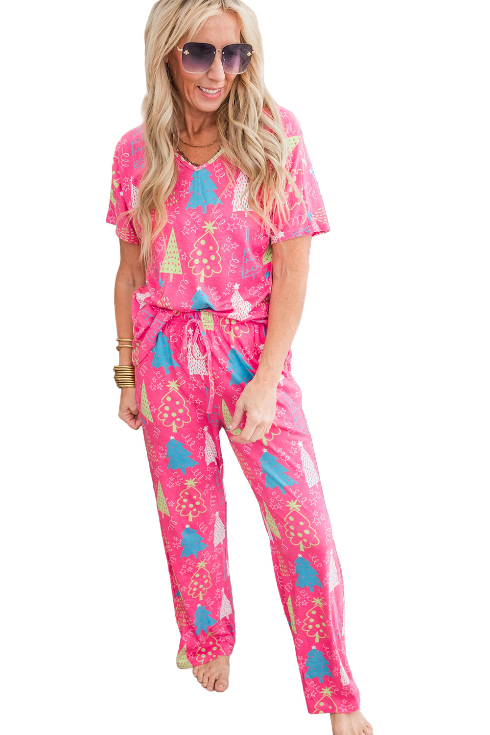 Loungewear Set Rose Christmas Tree Print V Neck Tee and Pants Lounge Set.