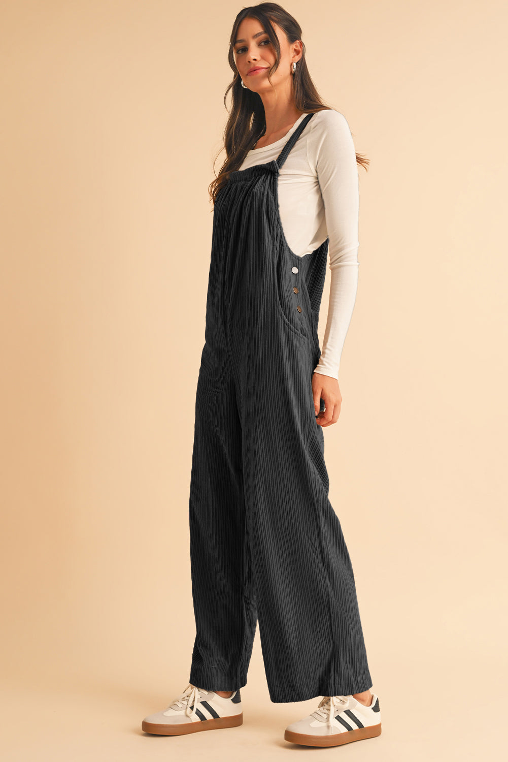 Gray Morn Plain Pocketed Loose Fit Corduroy Overalls