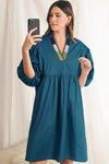 Blue Sapphire Puff Sleeve Pleated Pop of Color Neckline Dress