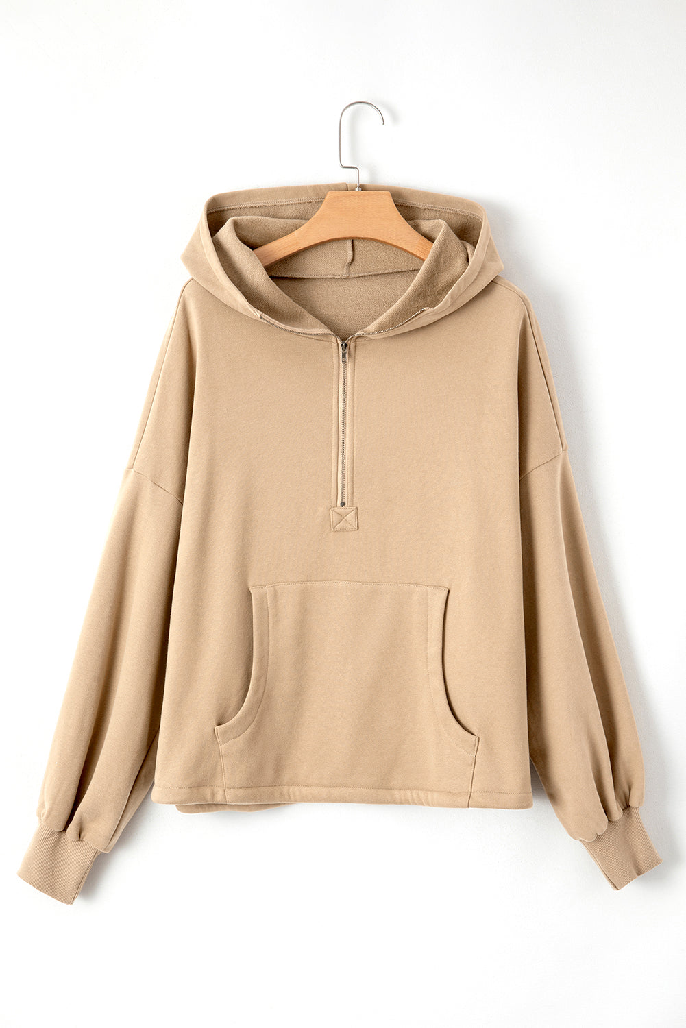 Smoke Green Half Zipper Kangaroo Pockets Drop Shoulder Hoodie