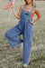 Light Blue Mineral Wash Button Straps Wide Leg Denim Overalls