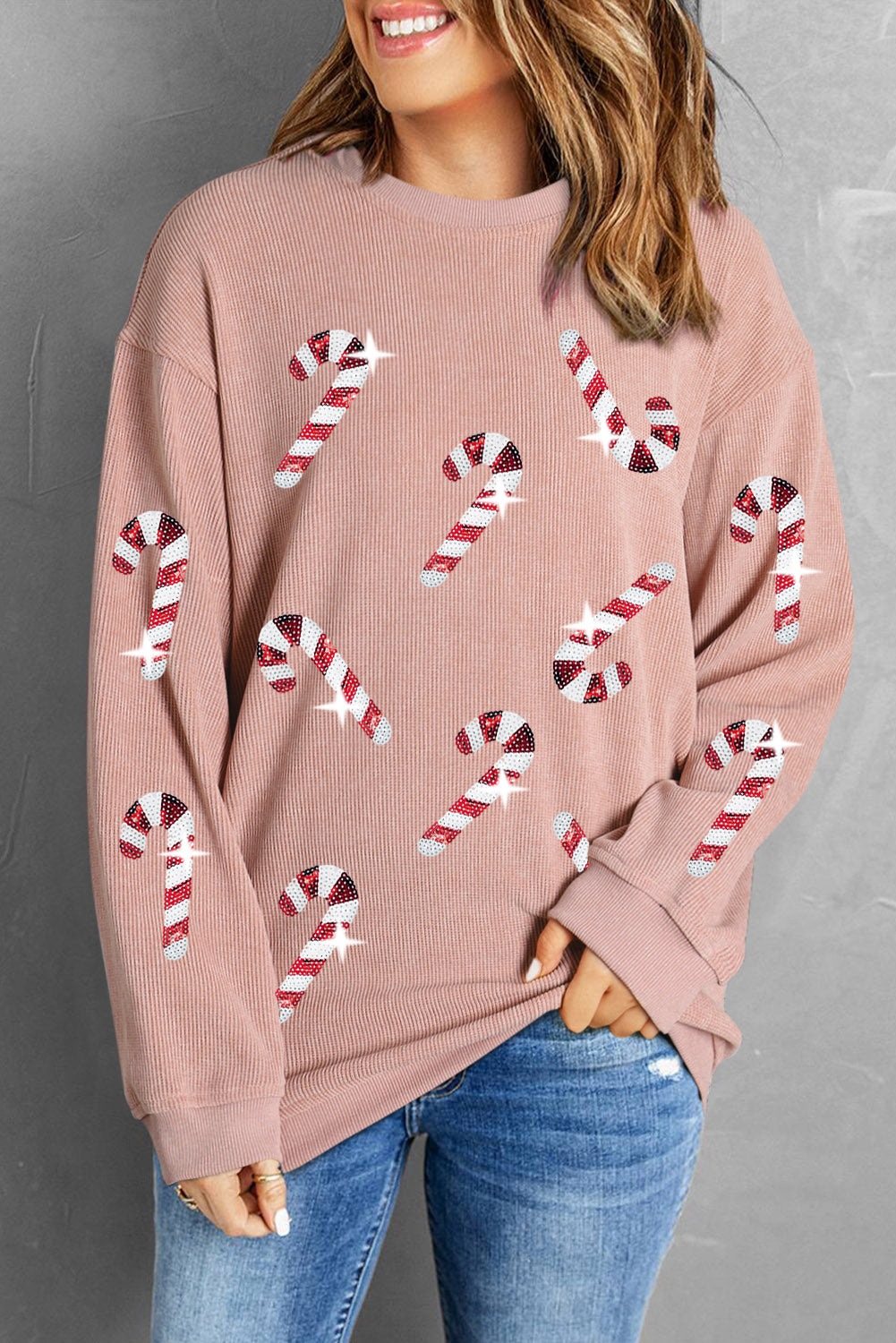 Khaki Xmas Candy Cane Shining Graphic Corded Sweatshirt