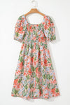 Apricot Pink Floral Knot Front Smocked Bubble Sleeve Dress