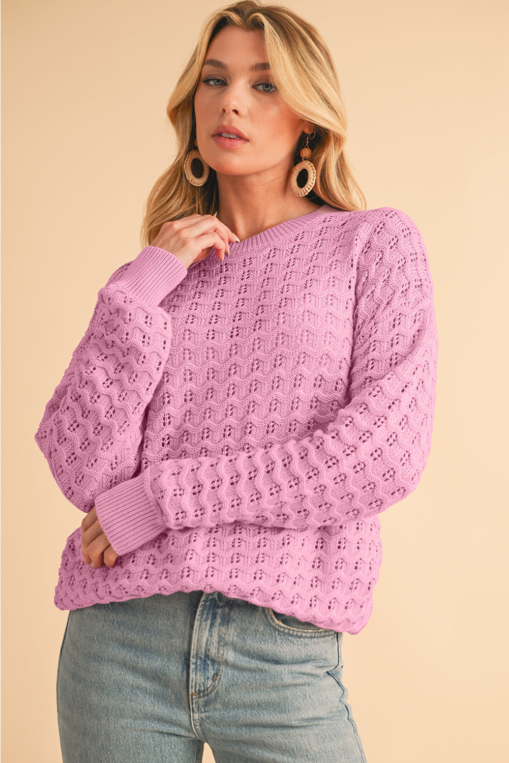 Pink Crochet Knit Drop Shoulder Sweater