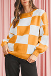 Orange & White Plaid Exposed Seam Bishop Sleeve Sweater