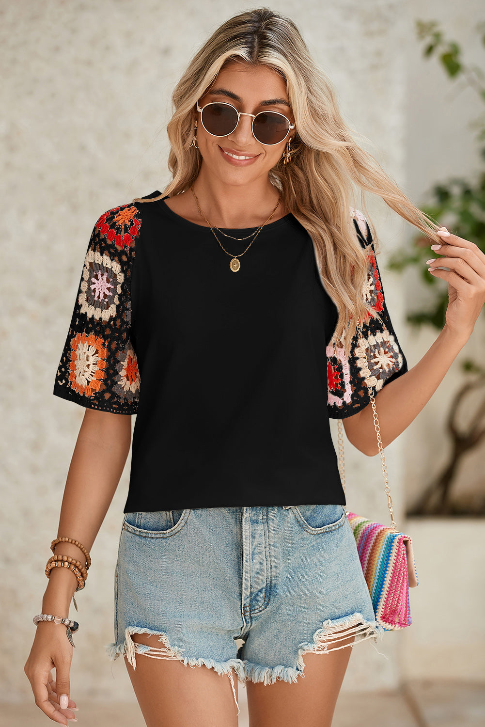 White Floral Hollowed Crochet Sleeve Boho T Shirt