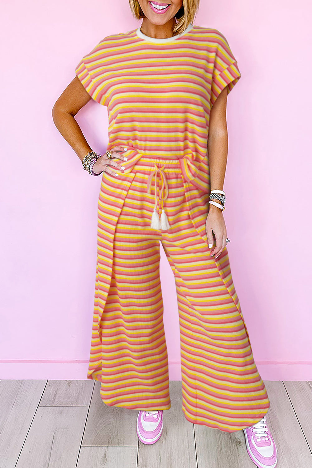 Pink Stripe Rainbow Tee and Tassel Drawstring Wide Leg Pants Set