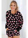 Black Heart Shape Print Long Sleeve Top and Shorts Loungewear Set