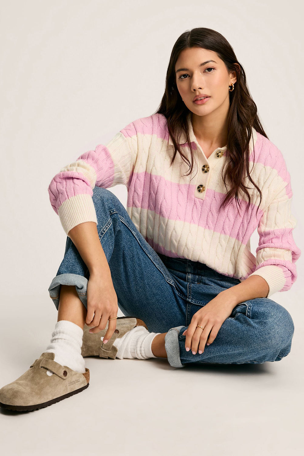 Pink Colorblock Button Collar Twisted Cable Knit Sweater