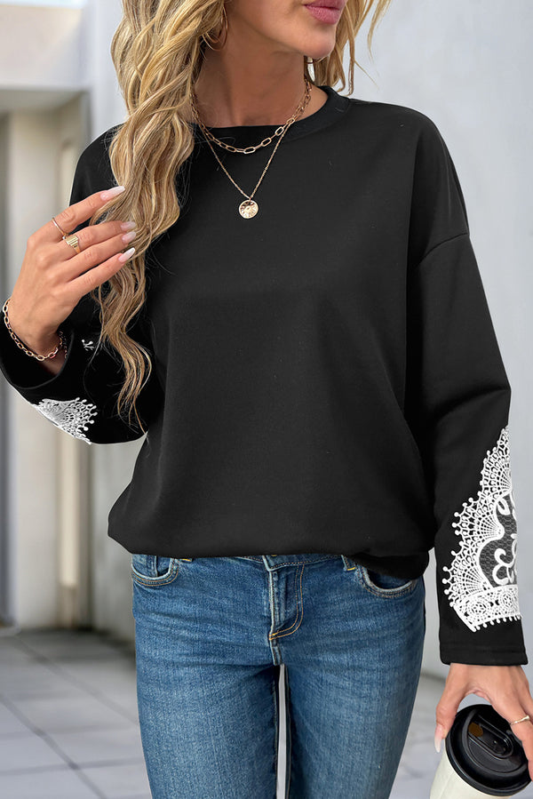 Black Lace Patchwork Sleeve Round Neck Pullover Sweatshirt