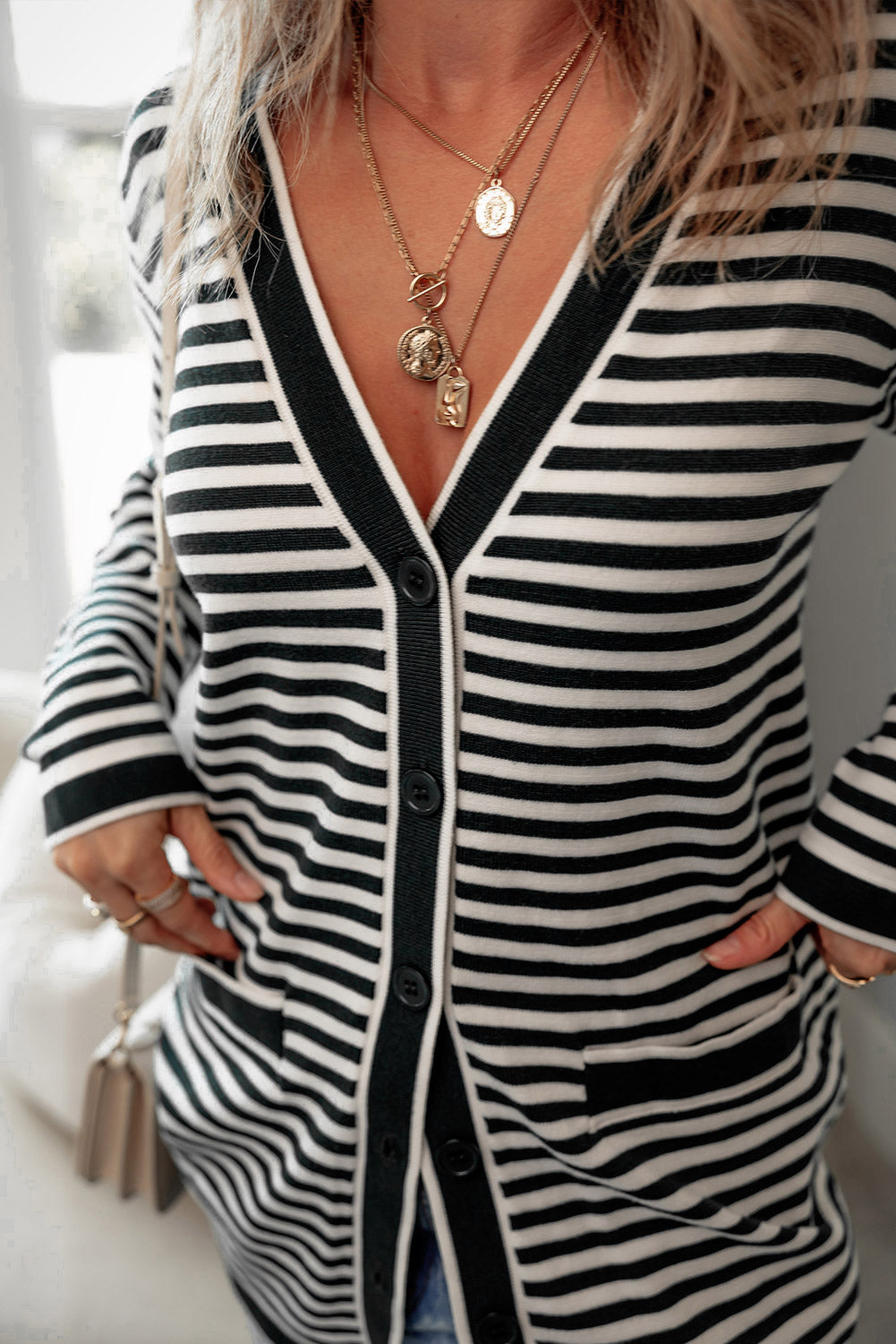 Black Striped Pocketed Button Long Cardigan