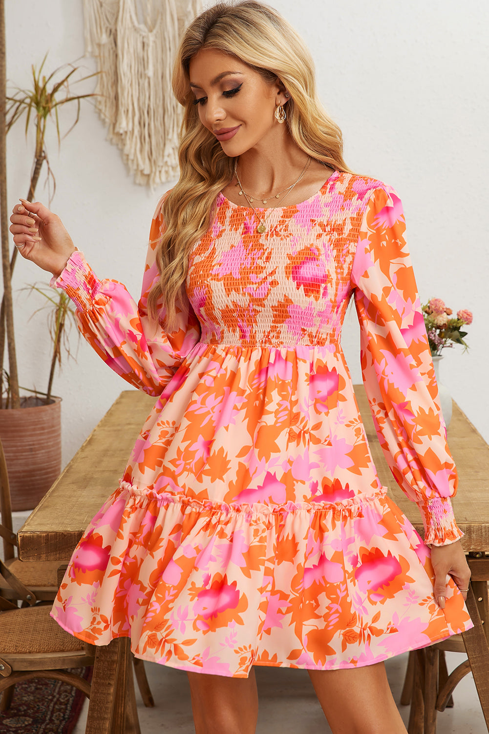 Orange Abstract Print Smocked Bust Lantern Sleeve Ruffle Mini Dress