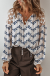 Blue Lace Patchwork Floral Bubble Sleeve V Split Neck Blouse