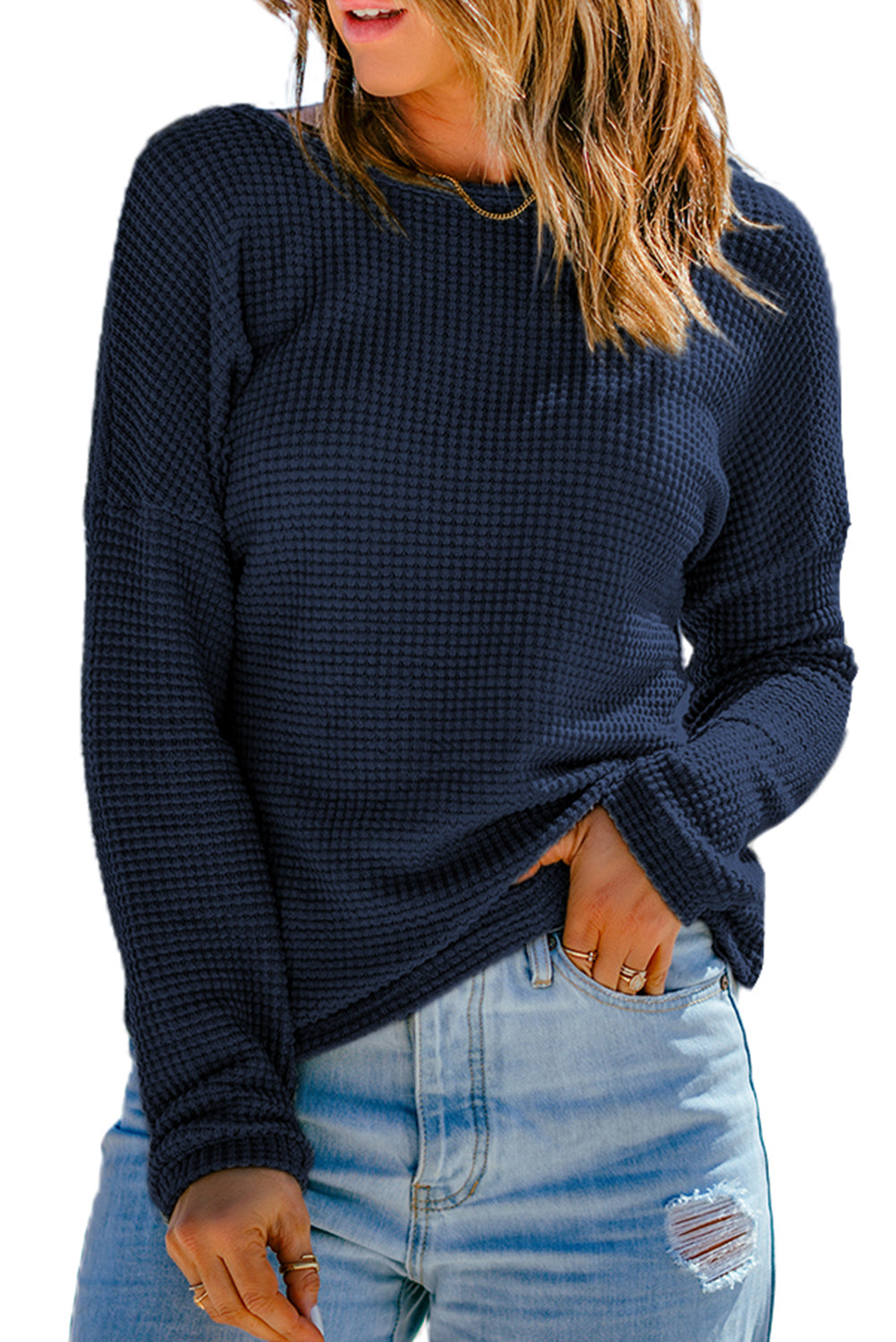 Navy Blue Waffle Knit Drop Shoulder Long Sleeve Top