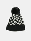 Checkered Knit Hat with Pompom