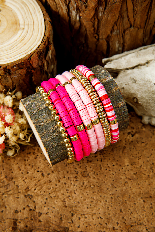 Bright Pink 7pcs Color Block Beaded Bracelet Set