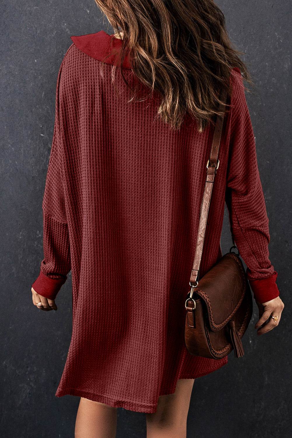 Red Waffle Pocket Seam Patchwork Loose Top