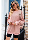 Pink Solid Ribbed Round Neck Pullover Sweatshirt