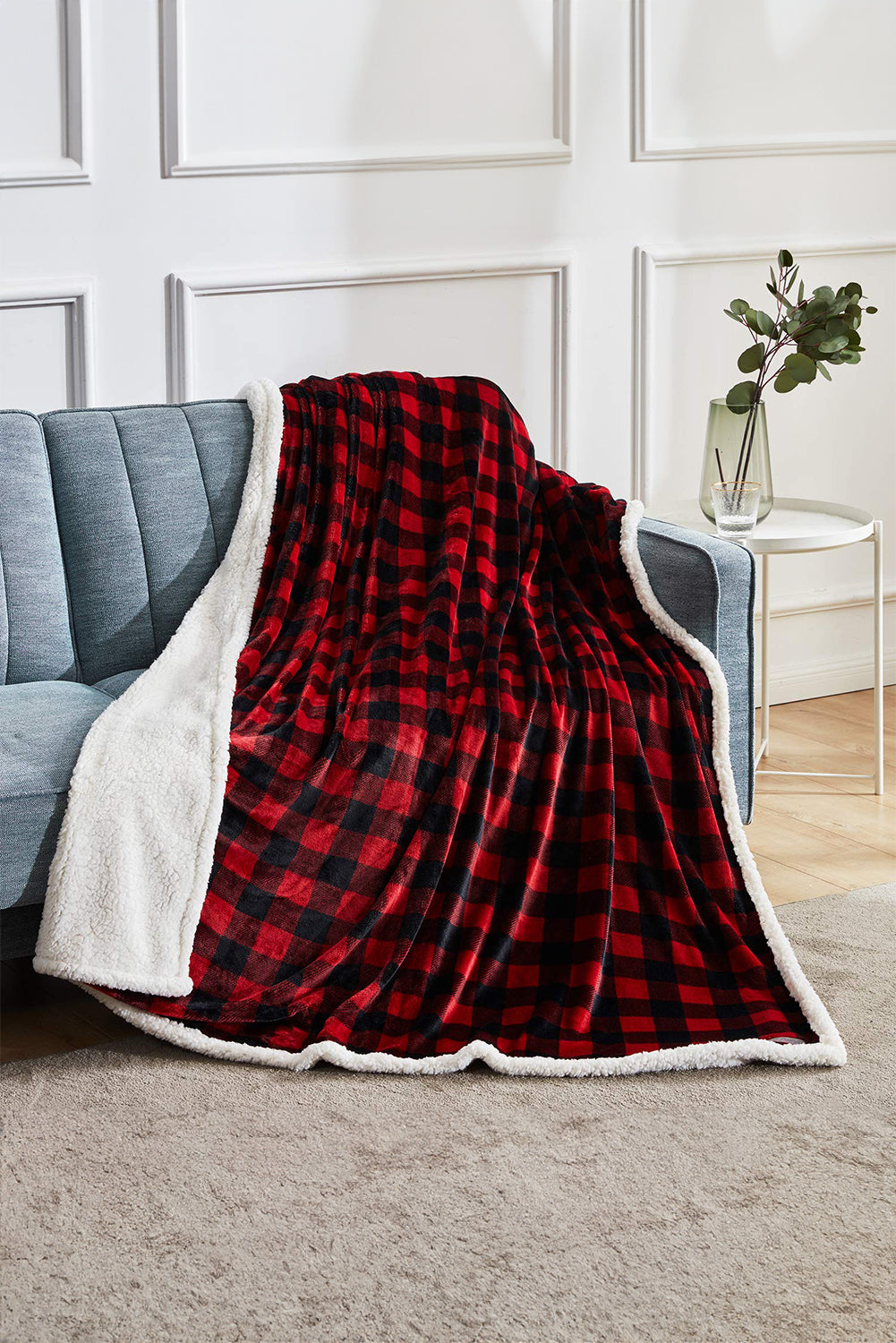 Fiery Red Buffalo Plaid Print Sherpa Large Throw Blanket