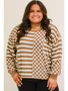 Khaki Striped Checkered Patchwork Ribbed Plus Size Top