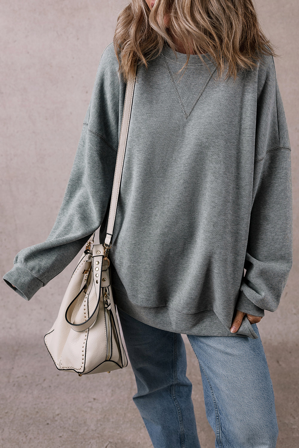 Medium Grey Side Split Drop Shoulder Oversized Long Sleeve Top