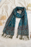 Peacock Blue Retro Paisley Print Tassel Trim Scarf
