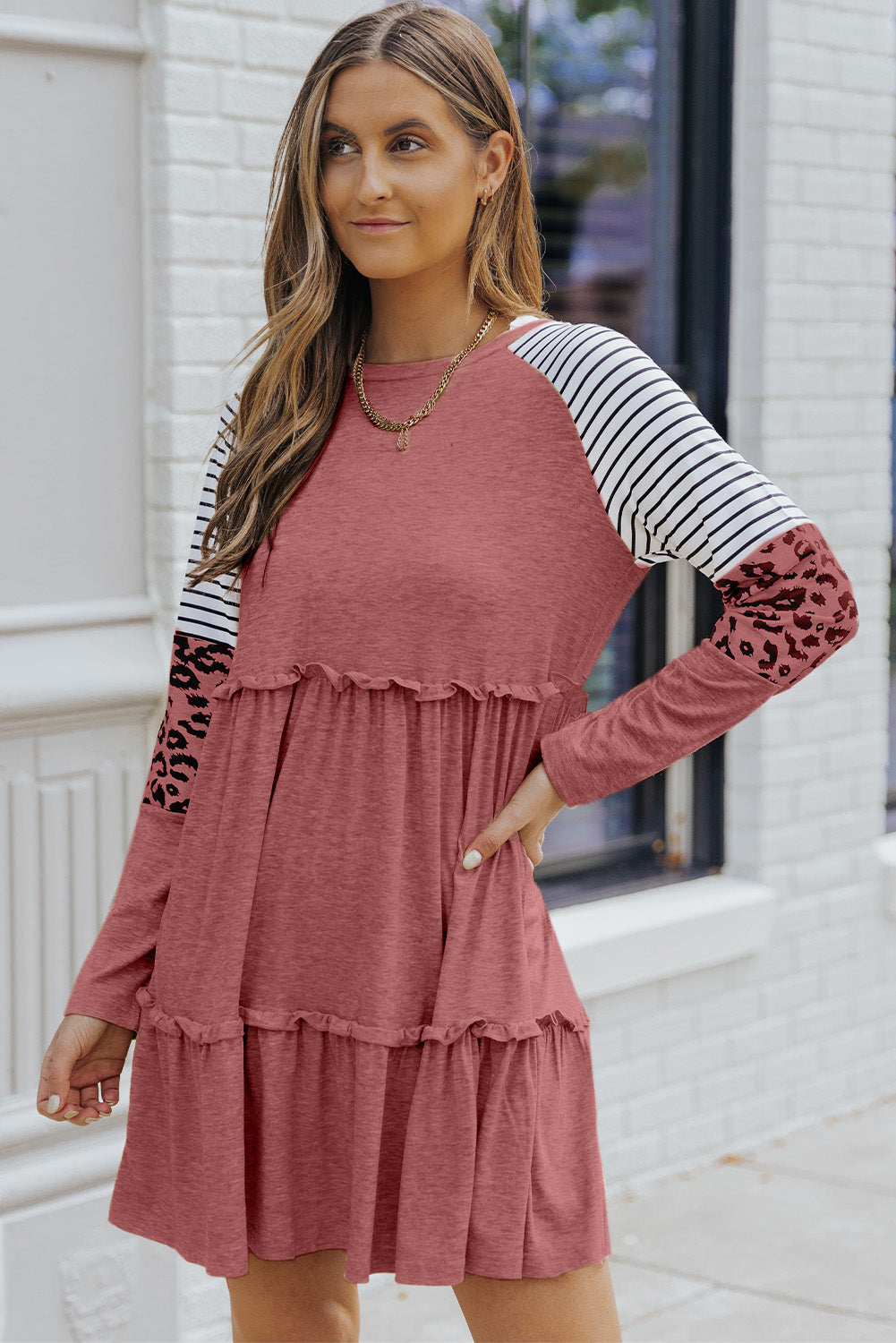 Pink Striped Leopard Patchwork Frill Long Sleeve Short Dress