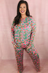 Black Plus Size Floral Printed Long Sleeve and Pants Loungewear Set