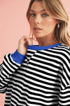 Blue Stripe Contrast Edge Cross Seam Oversized Pullover