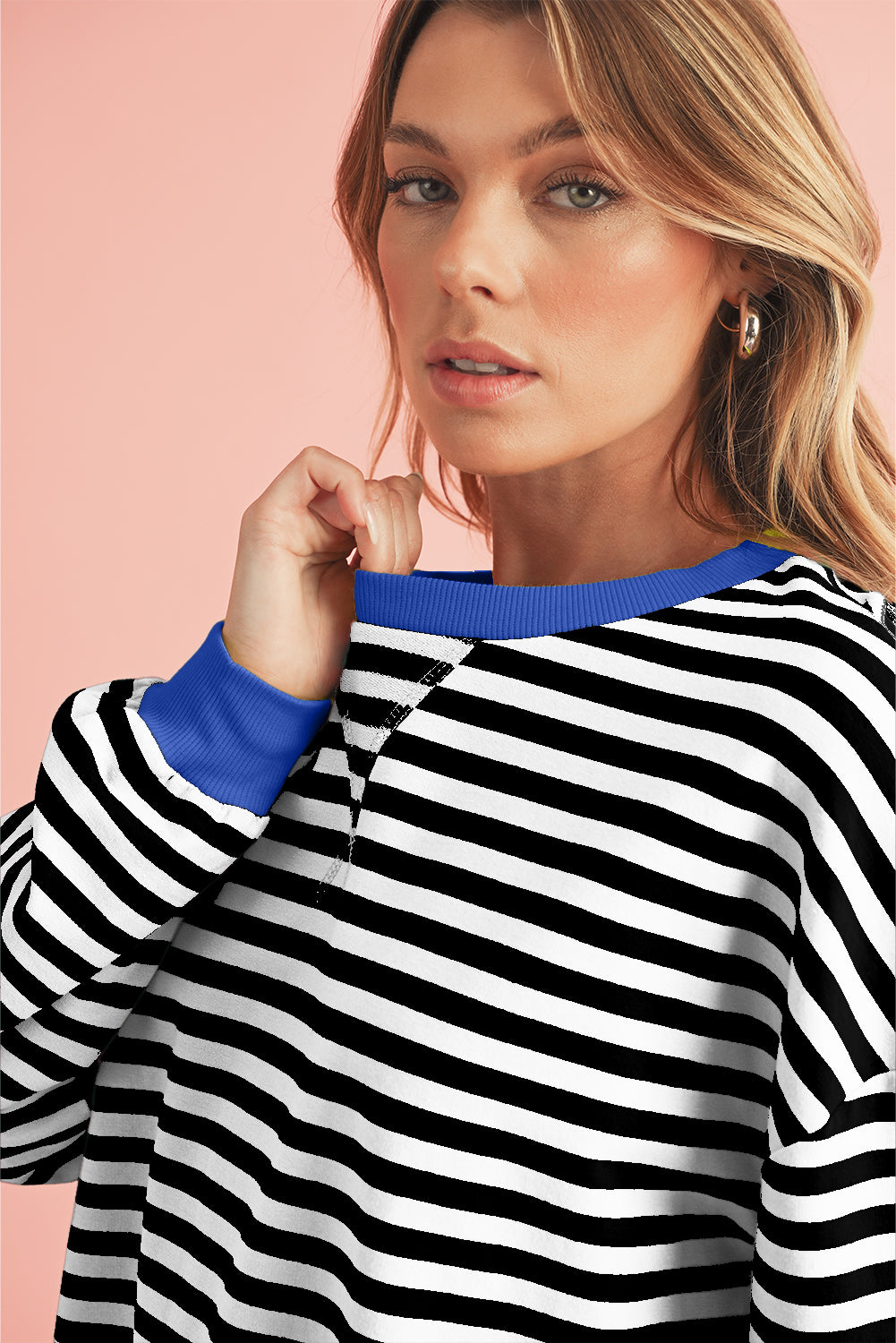 Blue Stripe Contrast Edge Cross Seam Oversized Pullover