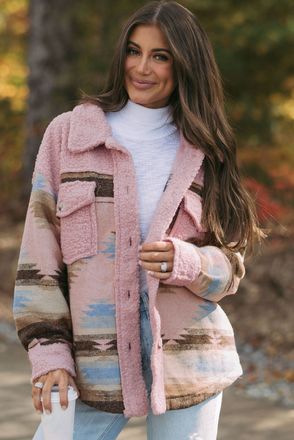 Pink Aztec Print Sherpa Splicing Buttoned Flap Pocket Coat