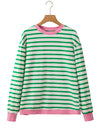 Bright Green Striped Contrast Trim Long Sleeve Top