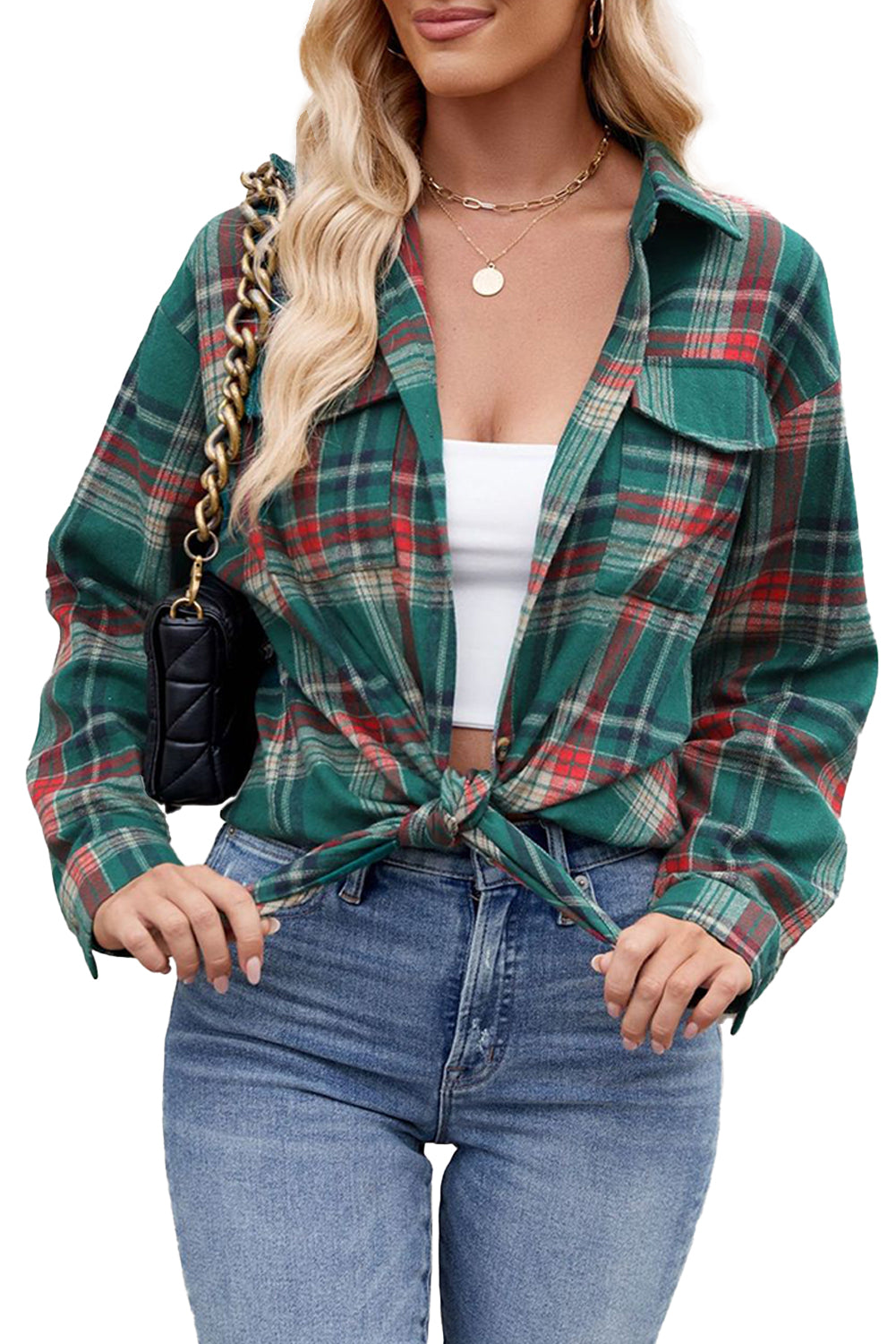 Green Plaid Chest Pocket Button Front Shirt