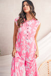 Pink Floral Print Sleeveless Wide Leg Jumpsuit