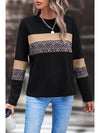 Khaki Leopard Colorblock Patchwork Crew Neck Top