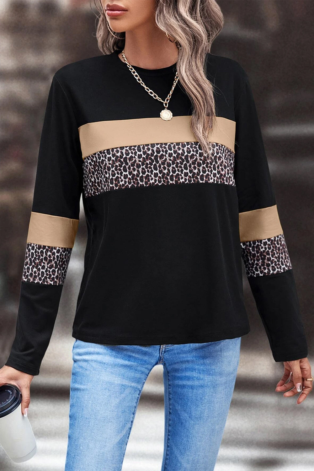 Khaki Leopard Colorblock Patchwork Crew Neck Top