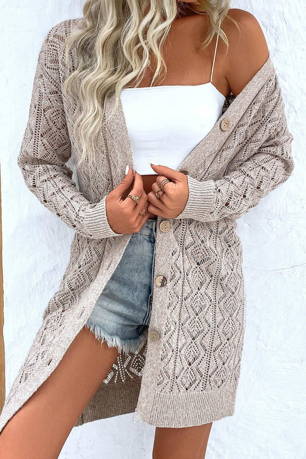 Parchment Hollow Out Button Front Long Cardigan