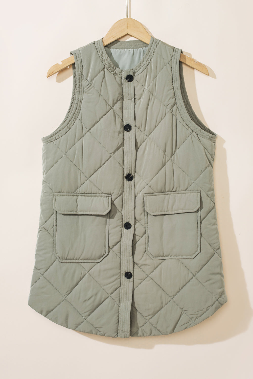 Grass Green Thermal Quilted Pockets Vest Coat