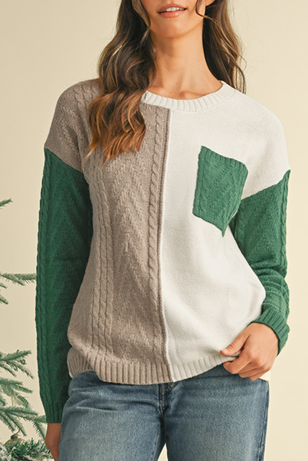 Rose Tan Colorblock Pocket Drop Shoulder Sweater