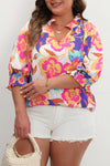 Rose Red Floral Puff Sleeve Notched Neck Plus Blouse