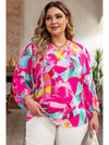 Pink Plus Size Graffiti Print Split Neck Puff Sleeve Blouse