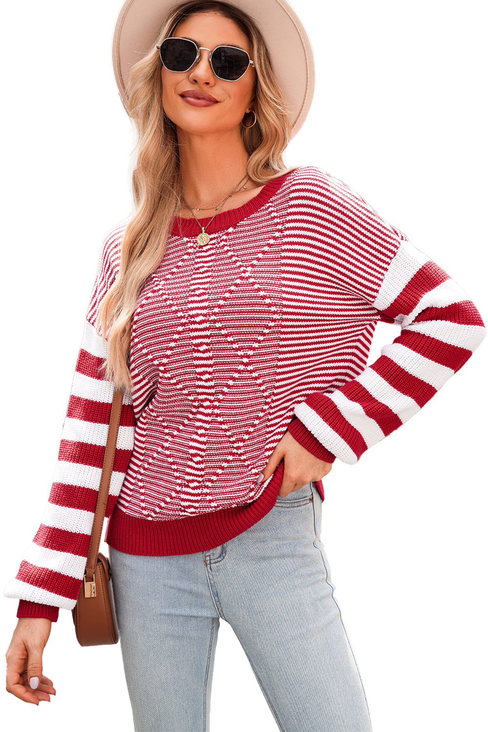 Red Stripe Twisted Knitted Drop Shoulder Sweater