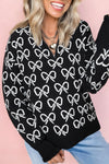Black Cute Bow Pattern Drop Shoulder Zipped Collar Sweater