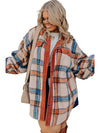 Brown Stripe Plus Size Plaid Print Collared Buttoned Jacket