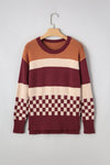Brown Checkered Colorblock Knitted Drop Shoulder Sweater