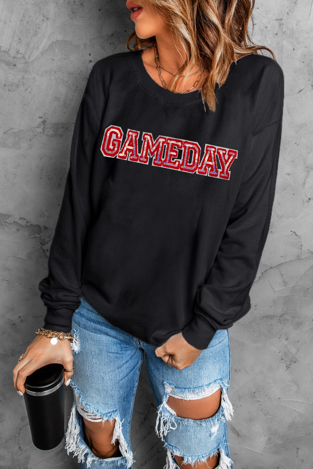 Black GAME DAY Sequined Patched Crew Neck Pullover Sweatshirt