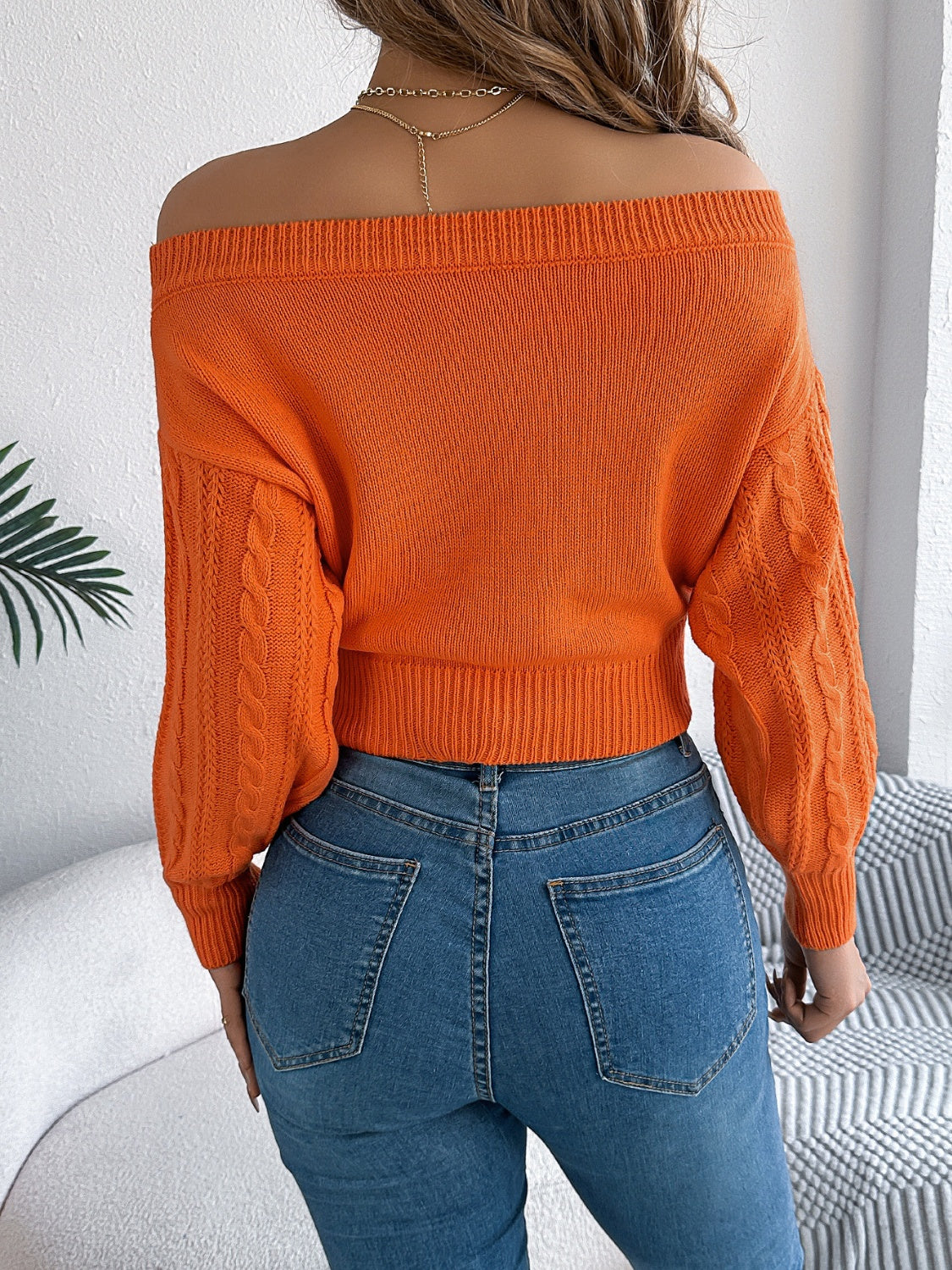 Cable Knit Off-Shoulder Long Sleeve Sweater