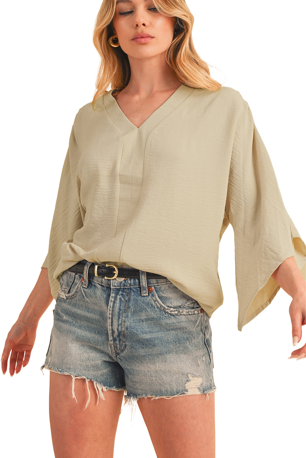 Parchment Solid Color Crinkled V Neck Ruffled Sleeve Blouse