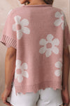 Light Pink 60s Flower Pearls Beaded Short Sleeve Knitted Top