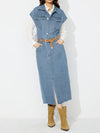 Slit Half Button Collared Neck Cap Sleeve Denim Dress